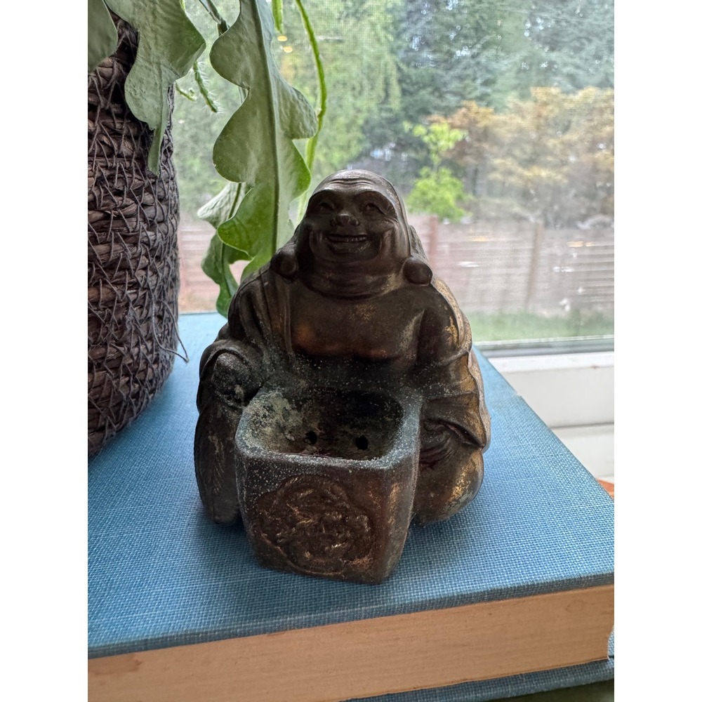 Vintage Cast Metal Hotei Laughing Buddha Figurine Bronze Tone Patina 3.25 Inch